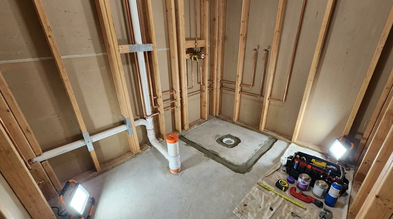 Bathroom rough-in plumbing during remodel by Johns Plumbing LLC in Willows