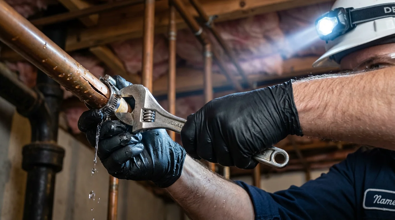 Emergency pipe clamp repair being performed by a Johns Plumbing LLC plumber in Willows