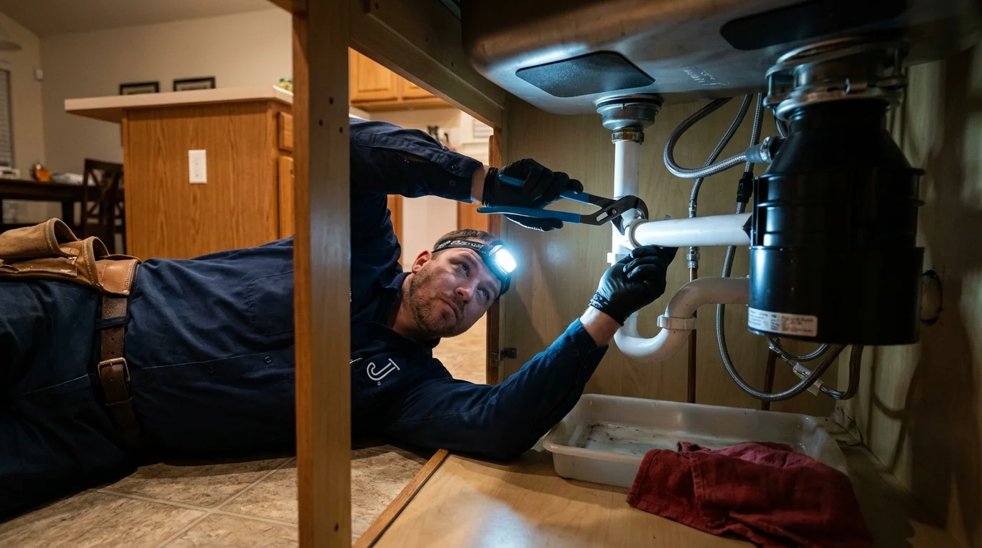 P-trap and supply line connections under a kitchen sink showing a common leak point in Willows, CA